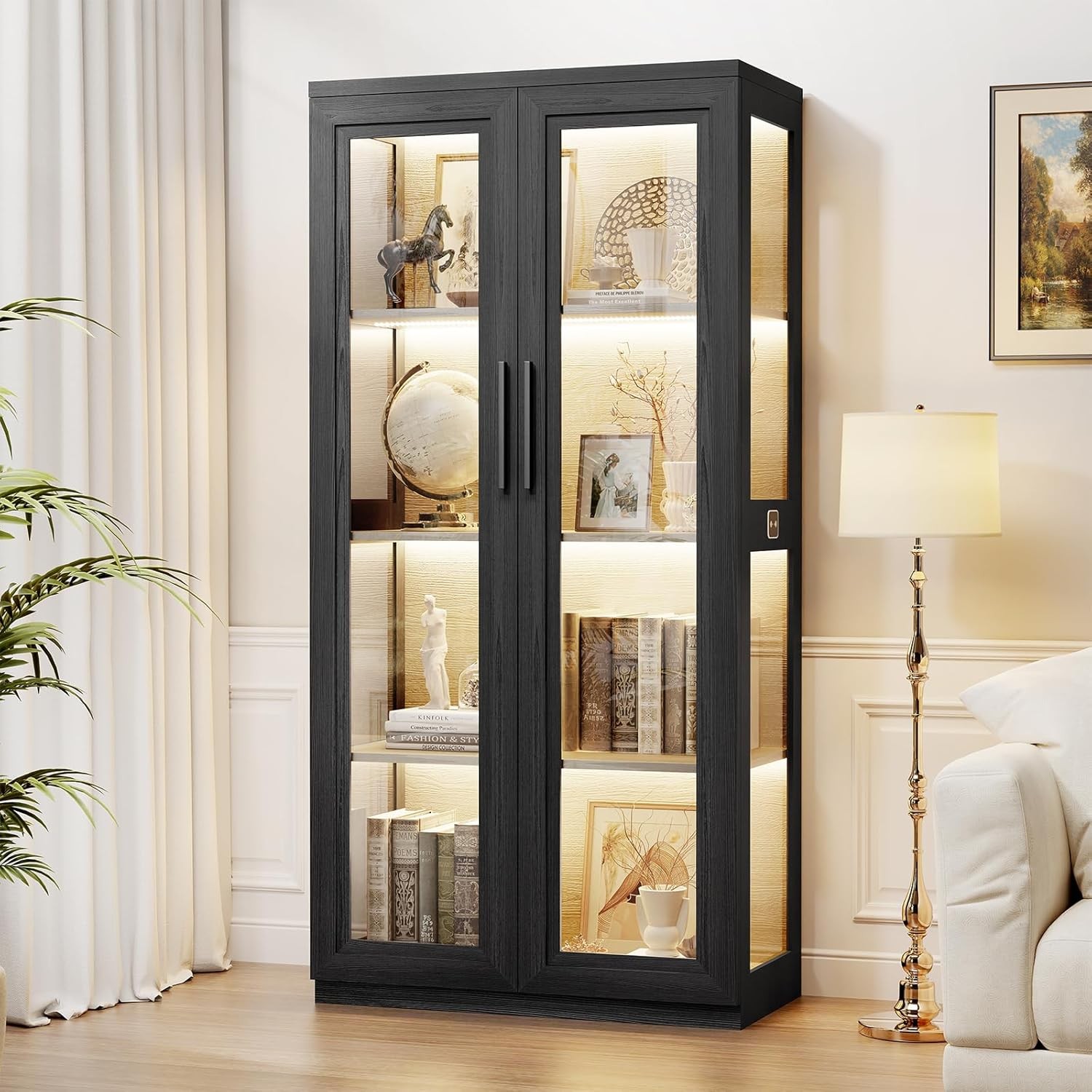 Cabinet with Glass Doors, Bookcase with 4 Shelves, Display Cabinets