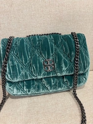 Tory Burch Velvet-Trim Teal Shoulder Bag