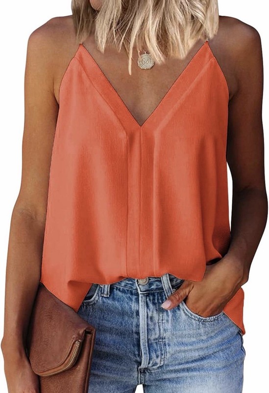 miduo Womens XL Orange Spaghetti Strap V Neck Blouse Tank Top Adjustable Straps