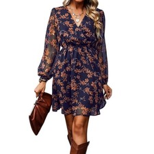 Cupshe Navy Orange Floral Chiffon Dress | Travel V-Neck Resort, M, NWT Gift