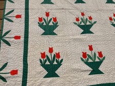 Antique Applique' Basket with Tulips Quilt GREAT QUILTING Green Orange  White