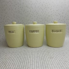 The Old Pottery Company Tea Coffee Sugar Canister Jar Set Yellow Ribbed Lidded