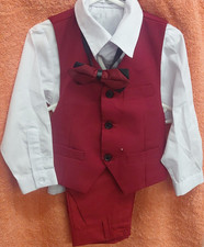 Boys Red/White 4pc Suit Set Size 4 Vest Pants Dress Shirt Bow Tie Formal
