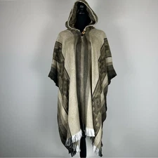 Alpaca Blend Hooded Unisex Poncho Shawl Cape Made In Ecuador Fringe Trim Stripes