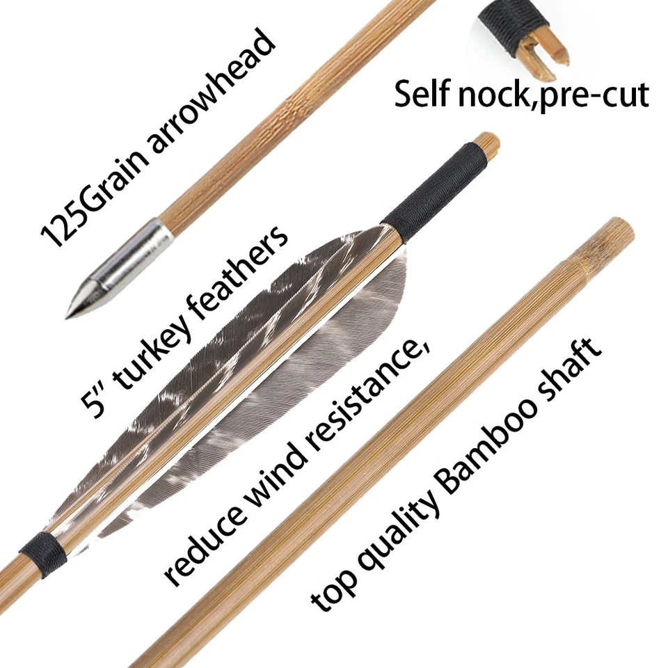33" Bamboo Arrows 5" Feather Traditional Longbow Recurve Bow Archery Hunting DIY - Image 3 of 4
