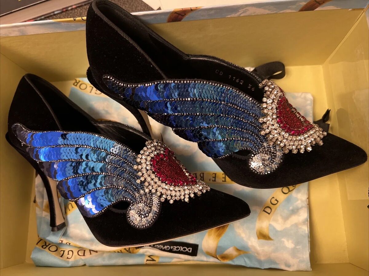DOLCE GABBANA PEACOCK HEELS, VELVET CRYSTAL HEART SHOES UK 3 DOLCE GABBANA PEACOCK HEELS, VELVET CRYSTAL HEART SHOES UK 3