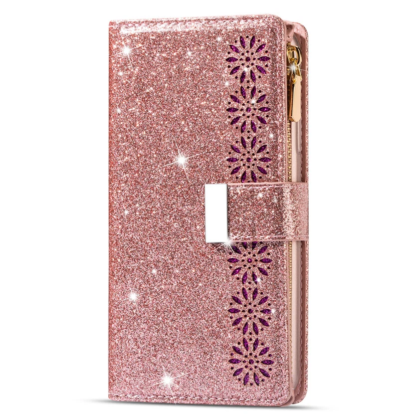 For iPhone 16e/16/15/14/13/12/11 XR SE 8 Glitter Wallet Case Zip Card Flip Cover - Image 4 of 4
