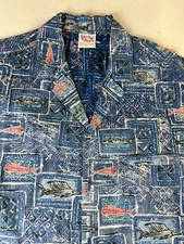 Barefoot In Paradise Hawaiian Shirt Button Up Fish Mens Large USA Blue