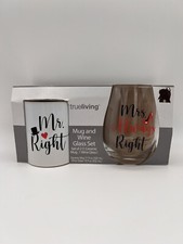 True Living Mr. Right and Mrs. Always Right Mug and Wine Glass Set Wedding Gift