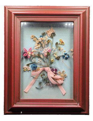 VTG Quilling Art Framed Shadowbox Floral Bouquet Paper Craft Signed Wilda '75