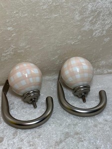 Pottery Barn Pair Pink Plaid Finial Ceramic Curtain Holdback Wall