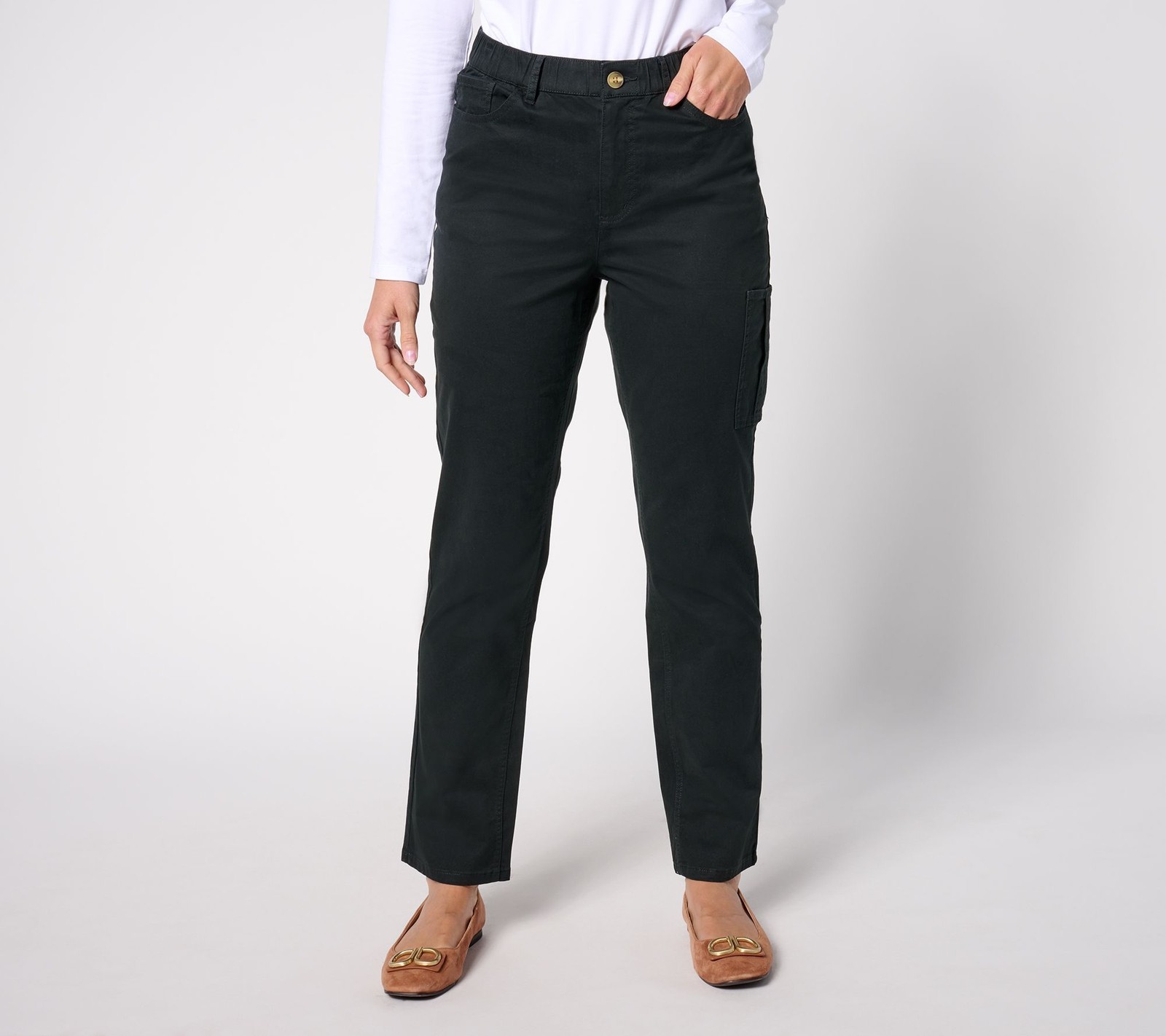 Denim & Co. Women's Pants Sz L EasyWear Twill Straight Leg Cargo Black A668592