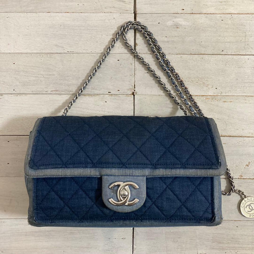 CHANEL Matelasse Denim Chain Shoulder Flap Bag Blue Quilted Italy