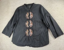 Citron Jacket Womens 2X Embroidered Silk Linen Asian Button Blazer Boho Blouse