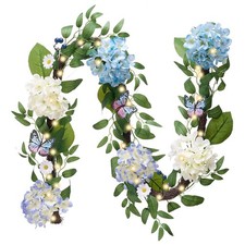 6FT Spring Summer Flower Garland with Lights for Mantle,Blue White Hydrangeas...