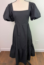 ASTR the Label Women's Poplin Puff Sleeve Tiered Midi Dress Black Size Small
