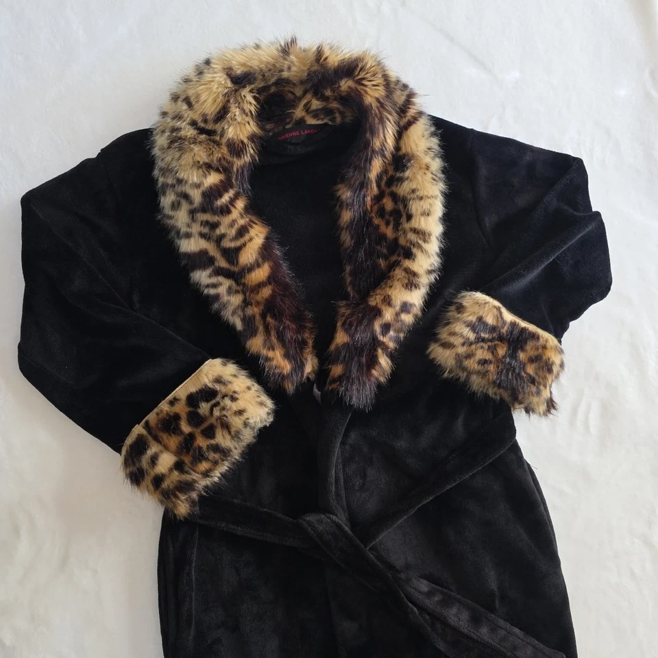 Bata ADRIENNE LANDAU para mujer XS/S negra imitación piel ribete de leopardo felpa con cinturón Foto 2 de 4