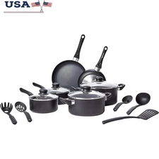 Nonstick 15-Piece Cookware Set W/ Soft-Touch Handles & Heat Distribution New