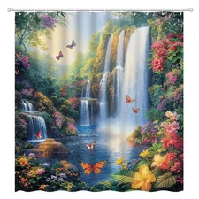 Waterfall Shower Curtain Rustic Floral Butterfly Fantasy Forest Tropical Green P