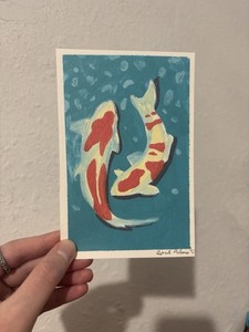 Original Gouache Painting, Koi Fish, 5 X 7 In On Watercolor Paper 