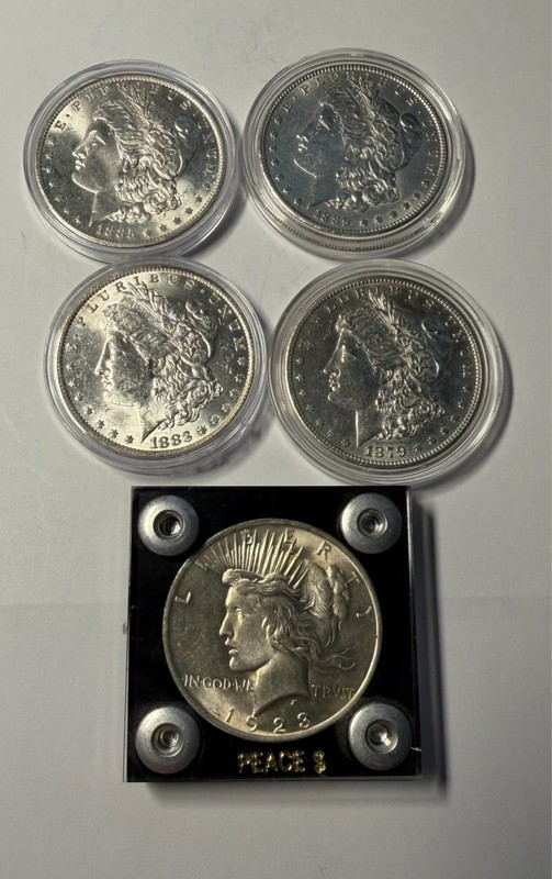 (5) Five U.S. SILVER DOLLARS: 1879-S, 1883-O, 1885-O, 1889-P & 1923-P  BU