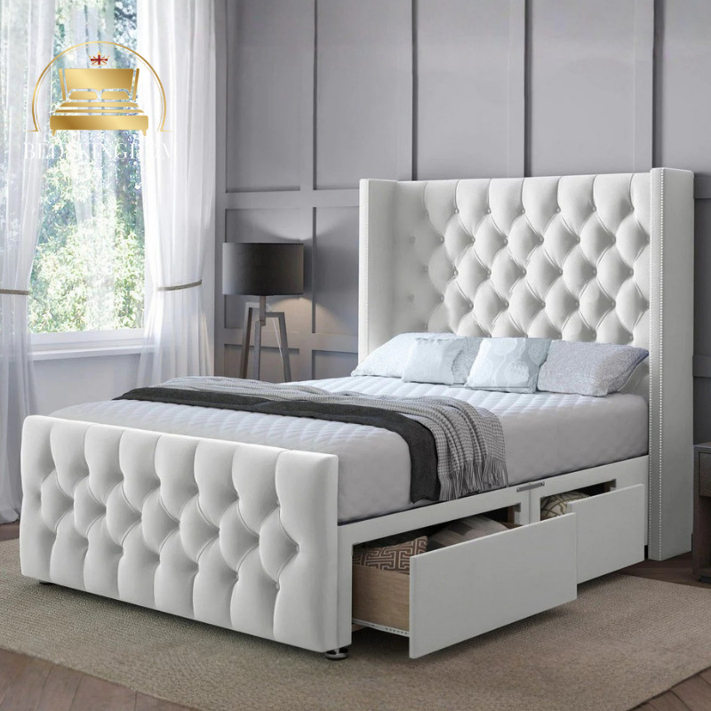 Silver Plush Memory Foam Divan Bed Set With Tufted Mattress, 2 Drawers and Headboard (5FT Kingsize) 9 Chesterfield Winged Divan Bed Set Plush Velvet Upholstered With 48" Headboard UK