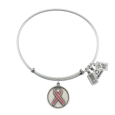 Pink Ribbon Charm Bangle Bracelet Breast Cancer Awareness Antique Silver 