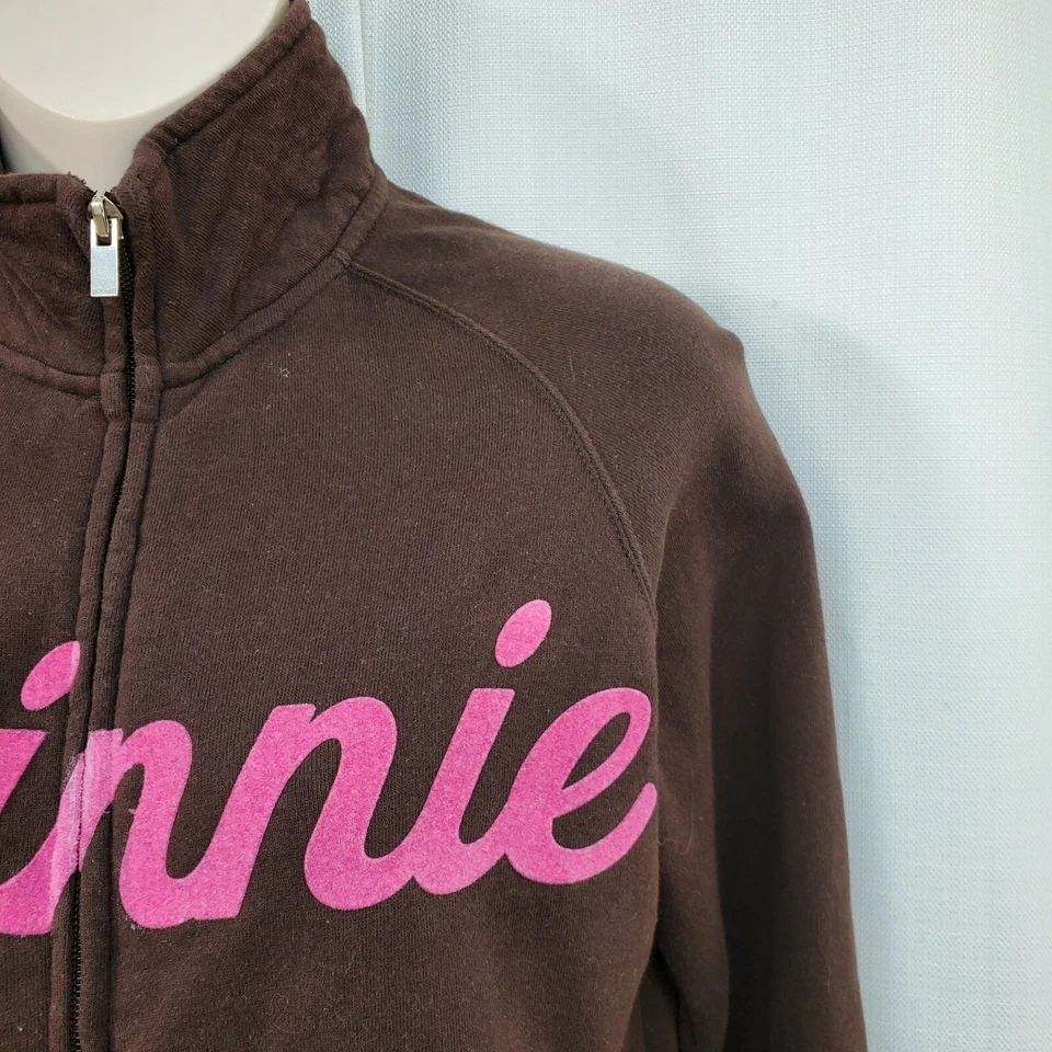 Chaqueta polar Disney con cremallera frontal Minnie Mouse talla S marrón rosa manga Dolman Foto 3 de 4