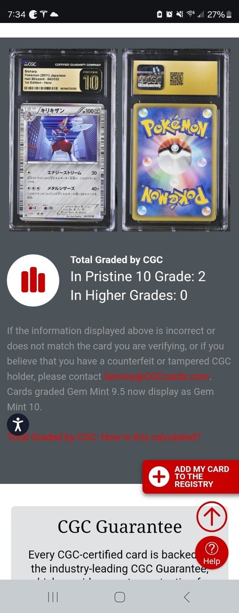 POP 4) CGC 10 PRISTINE BISHARP 042/052 POKEMON HAIL BLIZZARD