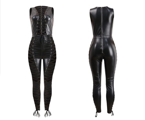 USA Women Sexy Splice Lace Up Tight Bandage Body con Hollow Catsuit Jumpsuit Q2 - Picture 3 of 13