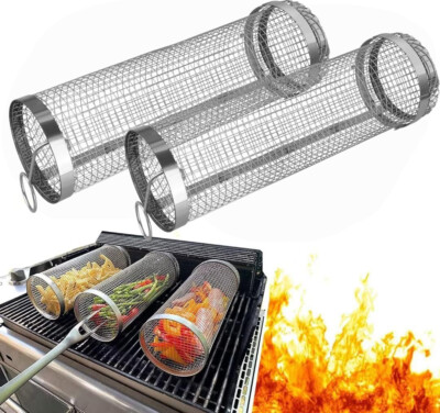 2Pack BBQ Rolling Grilling Baskets for Vegetable Grilling Tube Stainless Steel