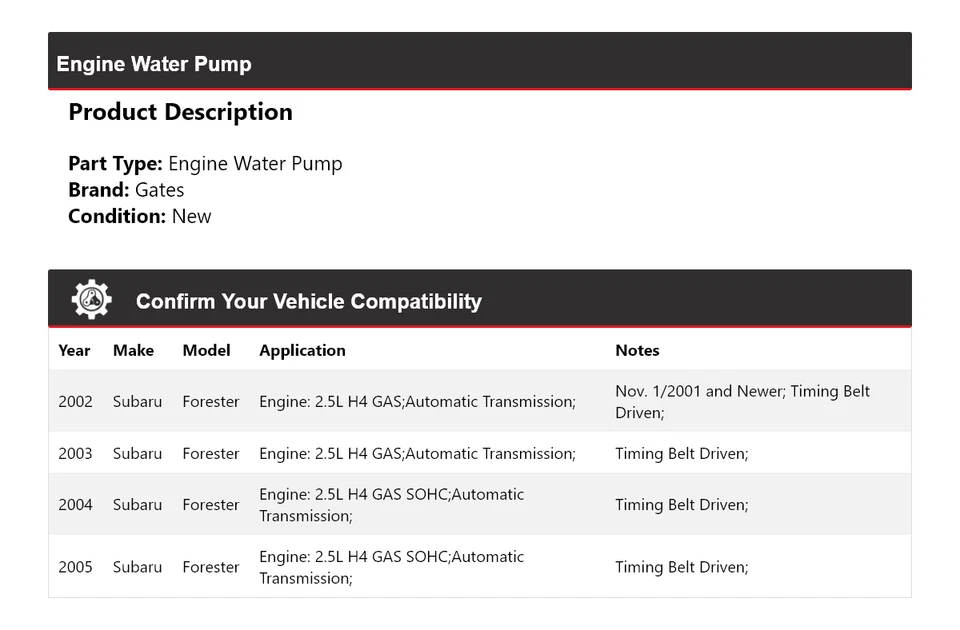 Puertas de bomba de agua para motor Subaru Forester 2002-2005 2003 2004 Foto 2 de 4