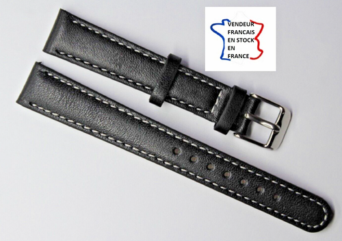 Bracelet Montre 13mm Cuir Véritable Noir Surpiqué Bleu - Boucle Argentée