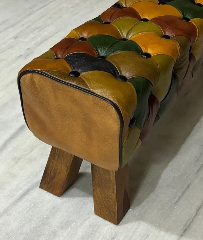 Banco otomano moderno hecho a mano de cuero vintage estilo bohemio madera maciza Foto 4 de 4