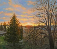 Sunrise landscape painting Original oil artwork on canvas Cityscape painting