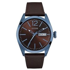 Guess Men's Brown Leather Band Steel Case Quartz Analog Watch W0658G8