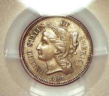 1865 Three Cent Nickel PCGS Genuine - Scratch - AU Detail
