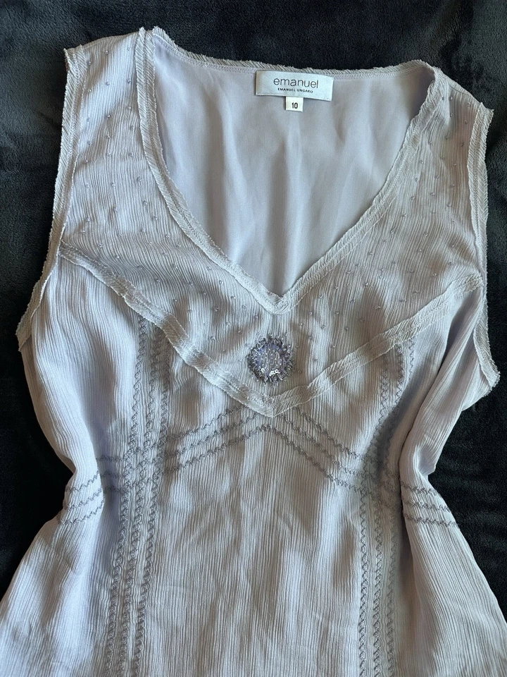 Camiseta sin mangas vintage Emanuel Ungaro lavanda seda cuentas bordado lentejuelas talla 10 Foto 2 de 4