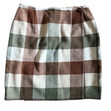 Ann Taylor Vintage Wool Blend Plaid Wrap Skirt Brown Green Medium Preppy