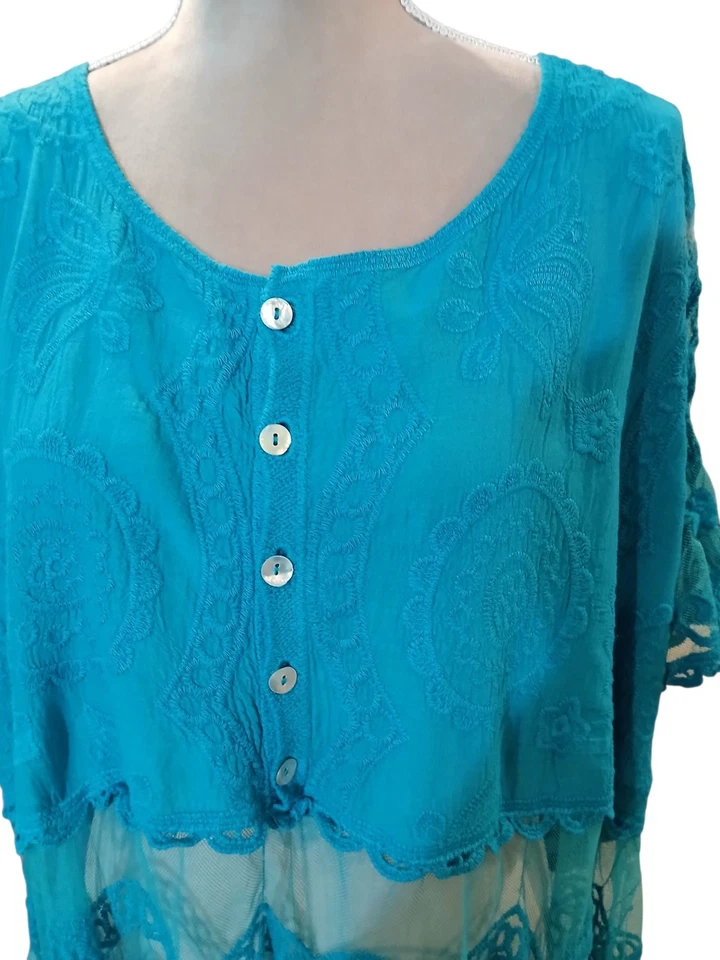 Blusa túnica larga de encaje verde azulado Davi & Dani 2x 3x bordada Lagenlook malla transparente Foto 2 de 4