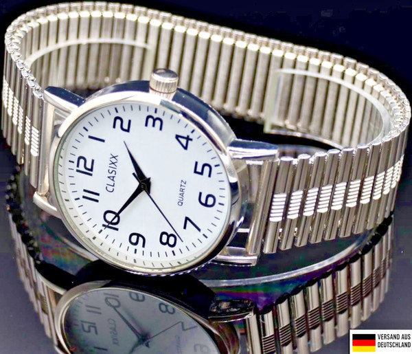 Clasixx Herren Edelstahl Armband Uhr Zugband Silber Weis Farben Zugarmband-image