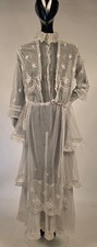 EDWARDIAN EMBROIDERED WHITE BRIDAL NET LONG DRESS W HIGH RUFFLE COLLAR