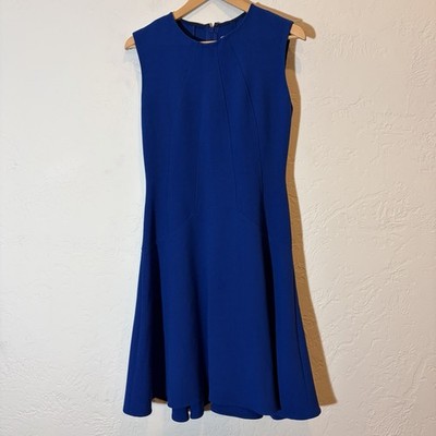 Lela Rose Blue Fit Flare Dress 8 Sleeveless Midi Scuba Stretch USA