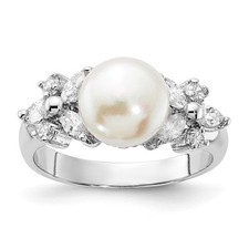 Sterling Silver Cubic Zirconia and Freshwater Cultured Button Pearl Ring Size 9