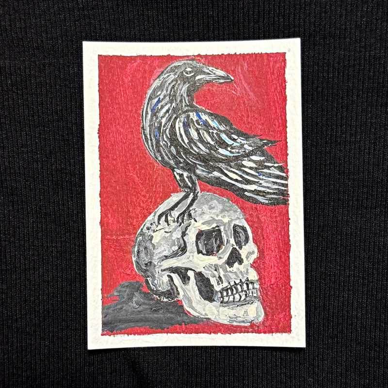 ACEO Art - Crow, Raven, Skull, Dark Art, Goth, Horror - Acrylic 2.5x3.5 by M.A.R