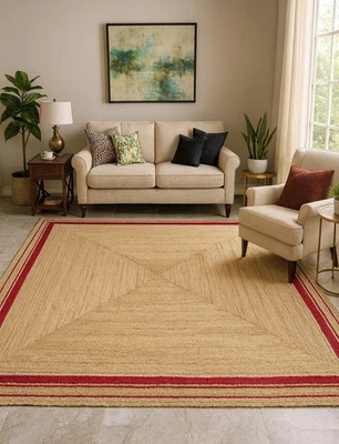 Natural Jute Area Rug with Red Border Handmade Braided Floor Carpet Living Room - Image 1 of 4
