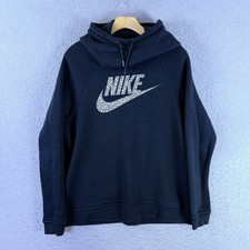 Nike Women's Funnel Neck Hoodie Pullover Size L Navy Black Spellout Logo Swoosh