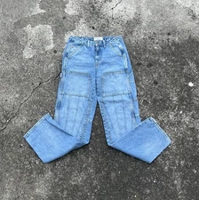 We The Free People Blue Denim Double Knee High Rise Button Fly Utility Jeans 26