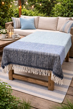Chunky Knit Throw Blanket Blue Gray Striped Fringe 70x53" Soft Wool Blend BLU-1