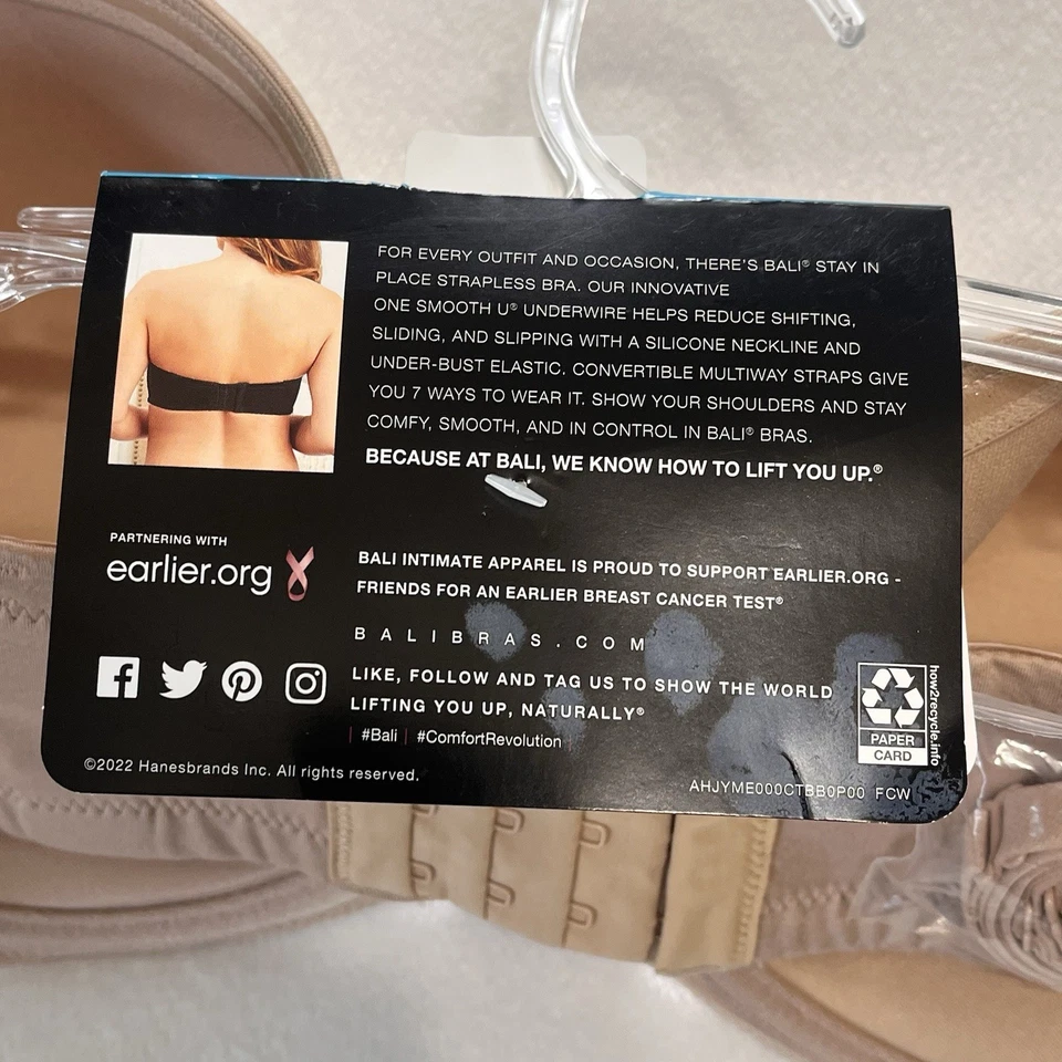 Sujetador para mujer Bali beige sin tirantes forrado con aros uno liso U DF6599 talla 36DD Foto 4 de 4